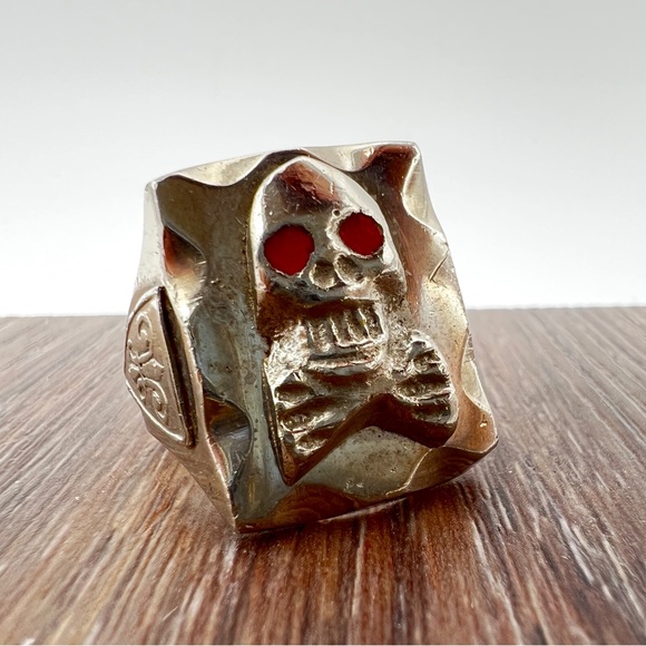 VINTAGE Skull Biker Ring • Red Eyes • Silver Tone • Mexico • Size 10 - Picture 2 of 10
